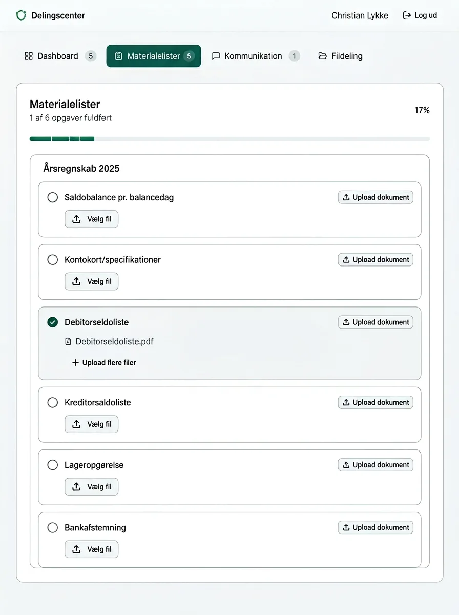 Materialelister – kunden uploader forespurgt materiale